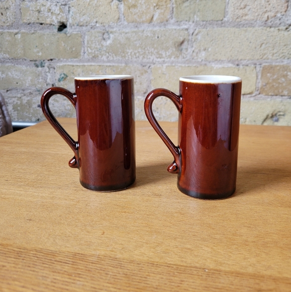 Vintage Mid Cenutry Brown Cream Galzed Expresso Mugs, Set of 2 - Picture 2 of 4